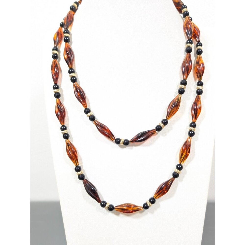 VTG Avon About‎ Town Faux Tortoise Root Beer Lucite Bead Long Necklace 38 in
